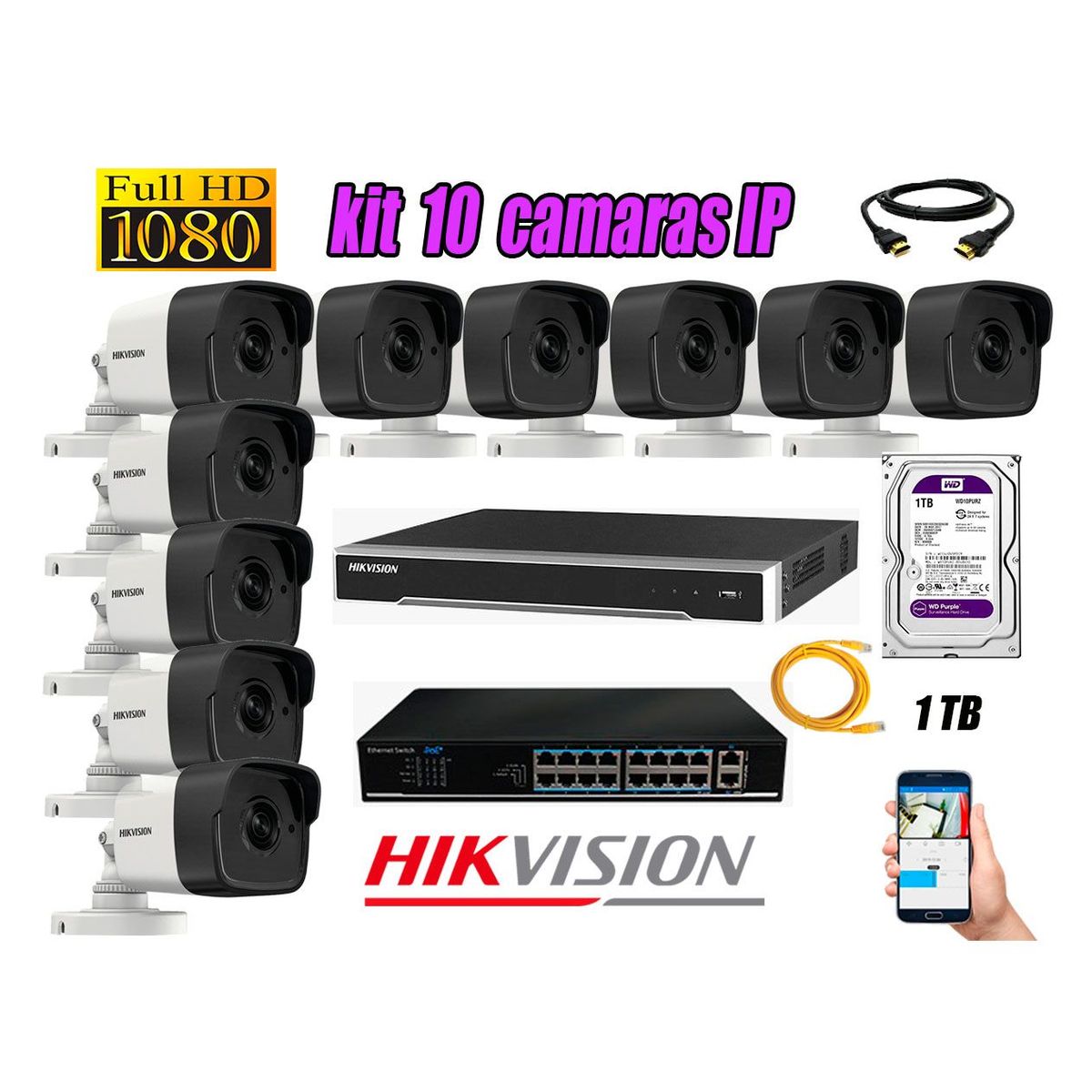 HIKVISION - Camara de Seguridad Ip Full HD 1080P Exterior Kit 10 Disco 1TB WD Purpura P2P