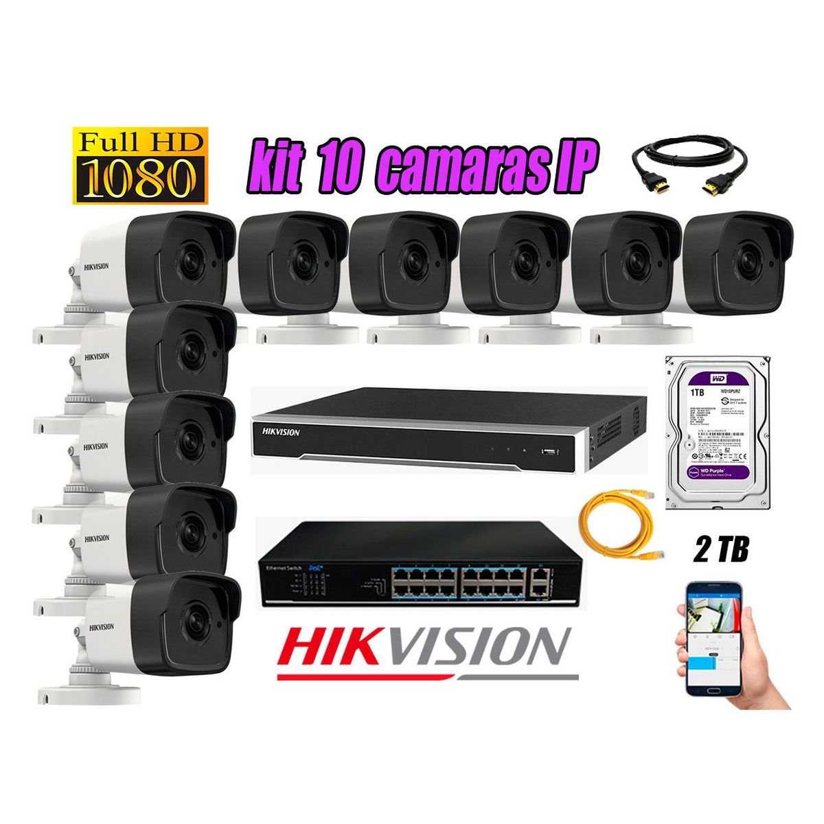 HIKVISION - Camara de Seguridad Ip Full HD 1080P Exterior Kit 10 Disco 2TB WD Purpura