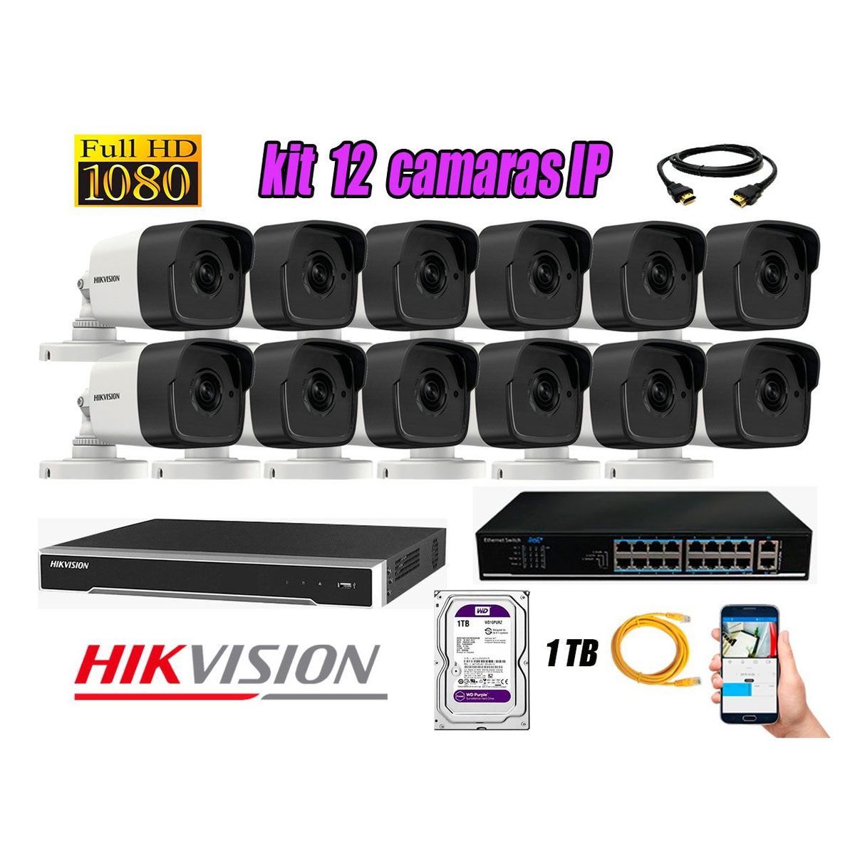 HIKVISION - Camara de Seguridad Ip Full HD 1080P Exterior Kit 12 Disco 1TB WD Purpura P2P