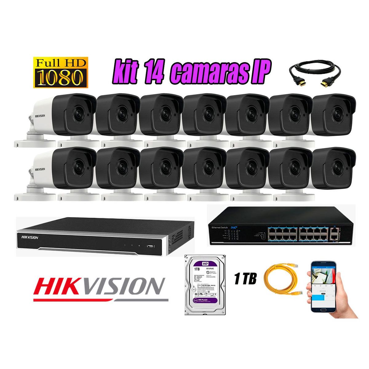 HIKVISION - Camara de Seguridad Ip Full HD 1080P Exterior Kit 14 Disco 1TB WD Purpura P2P