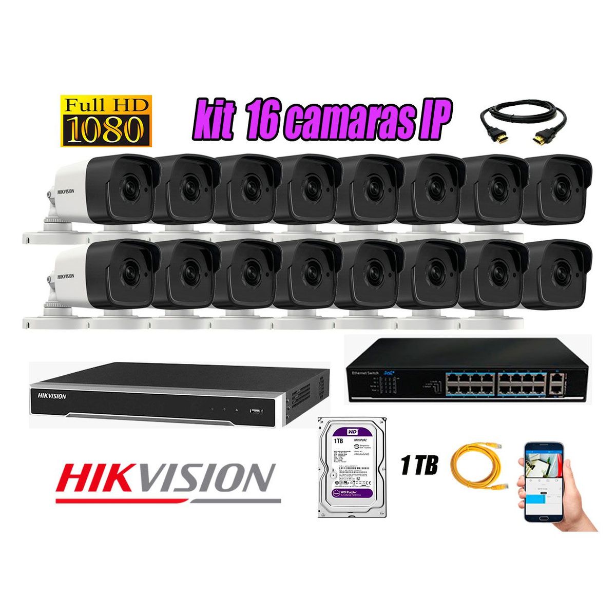 HIKVISION - Camara de Seguridad Ip Full HD 1080P Exterior Kit 16 Disco 1TB WD Purpura P2P