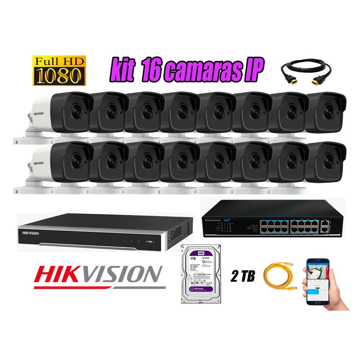 HIKVISION - Camara de Seguridad Ip Full HD 1080P Exterior Kit 16 Disco 2TB WD Purpura