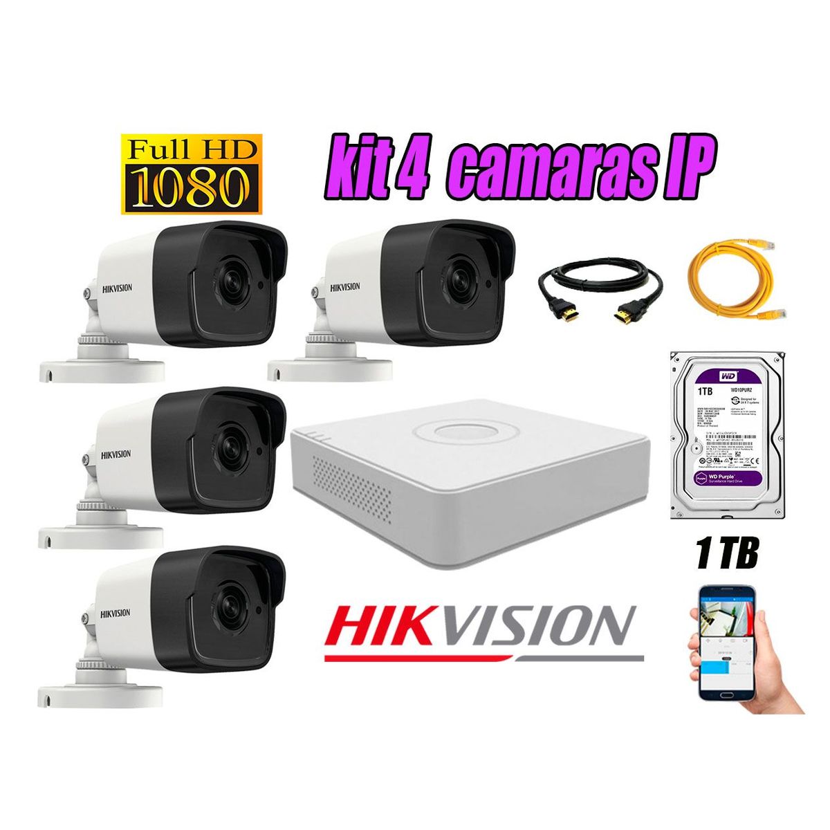 HIKVISION - Cámara de Seguridad Ip Poe Full HD 1080P Exterior Kit 4 Disco 1TB WD Purpura P2P