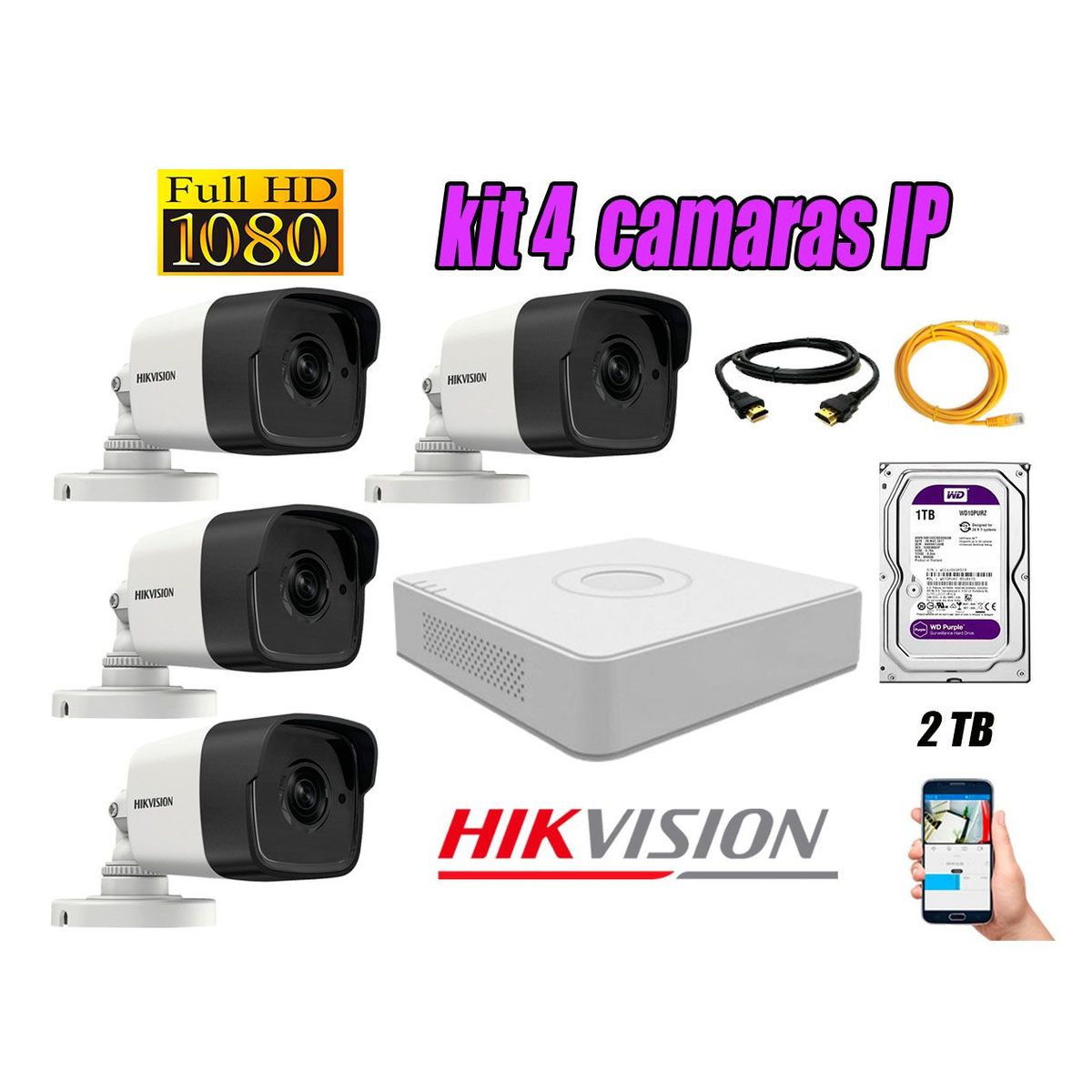 HIKVISION - Cámara de Seguridad Ip Poe Full HD 1080P Exterior Kit 4 Disco 2TB WD Purpura