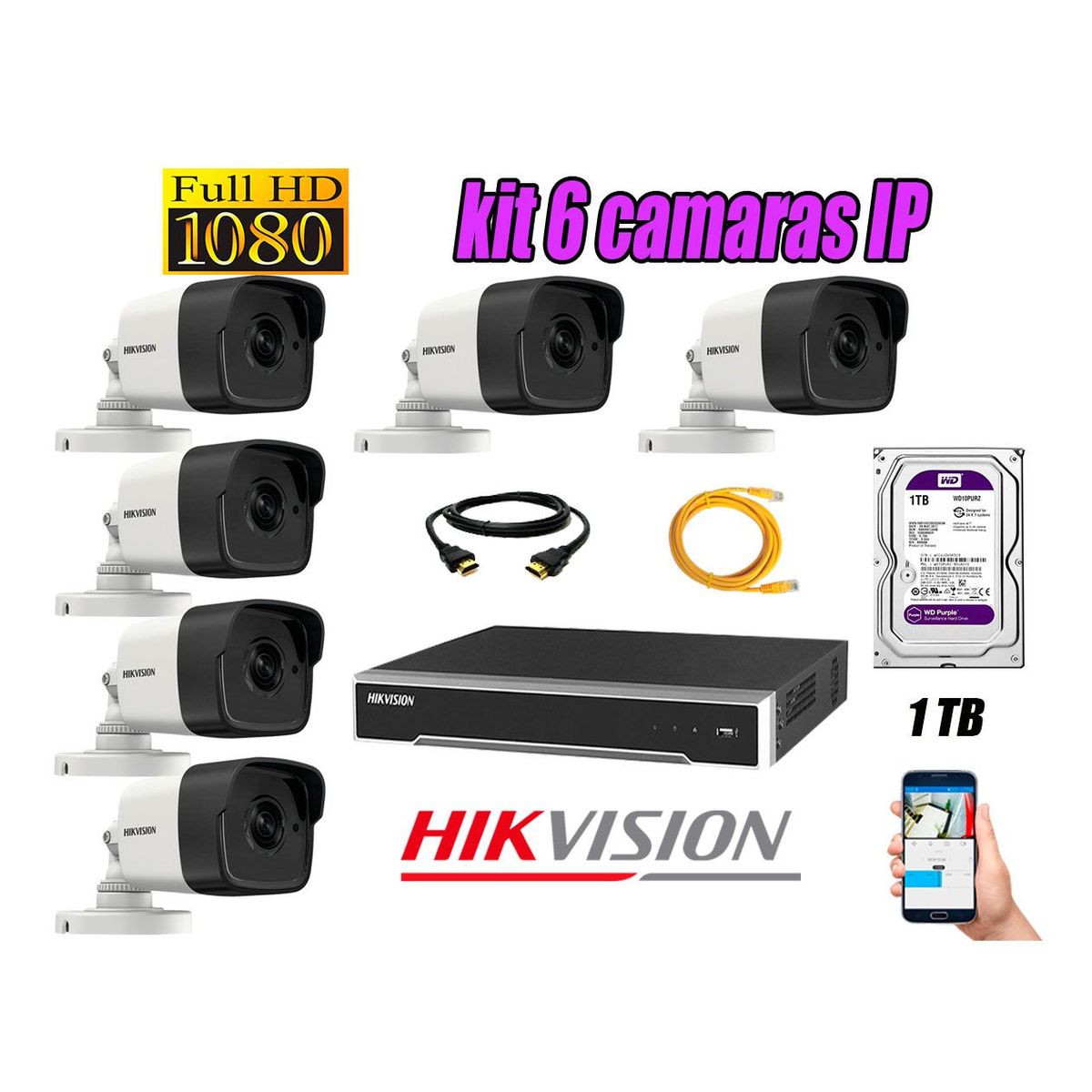 HIKVISION - Cámara de Seguridad Ip Poe Full HD 1080P Exterior Kit 6 Disco 1TB WD Purpura P2P
