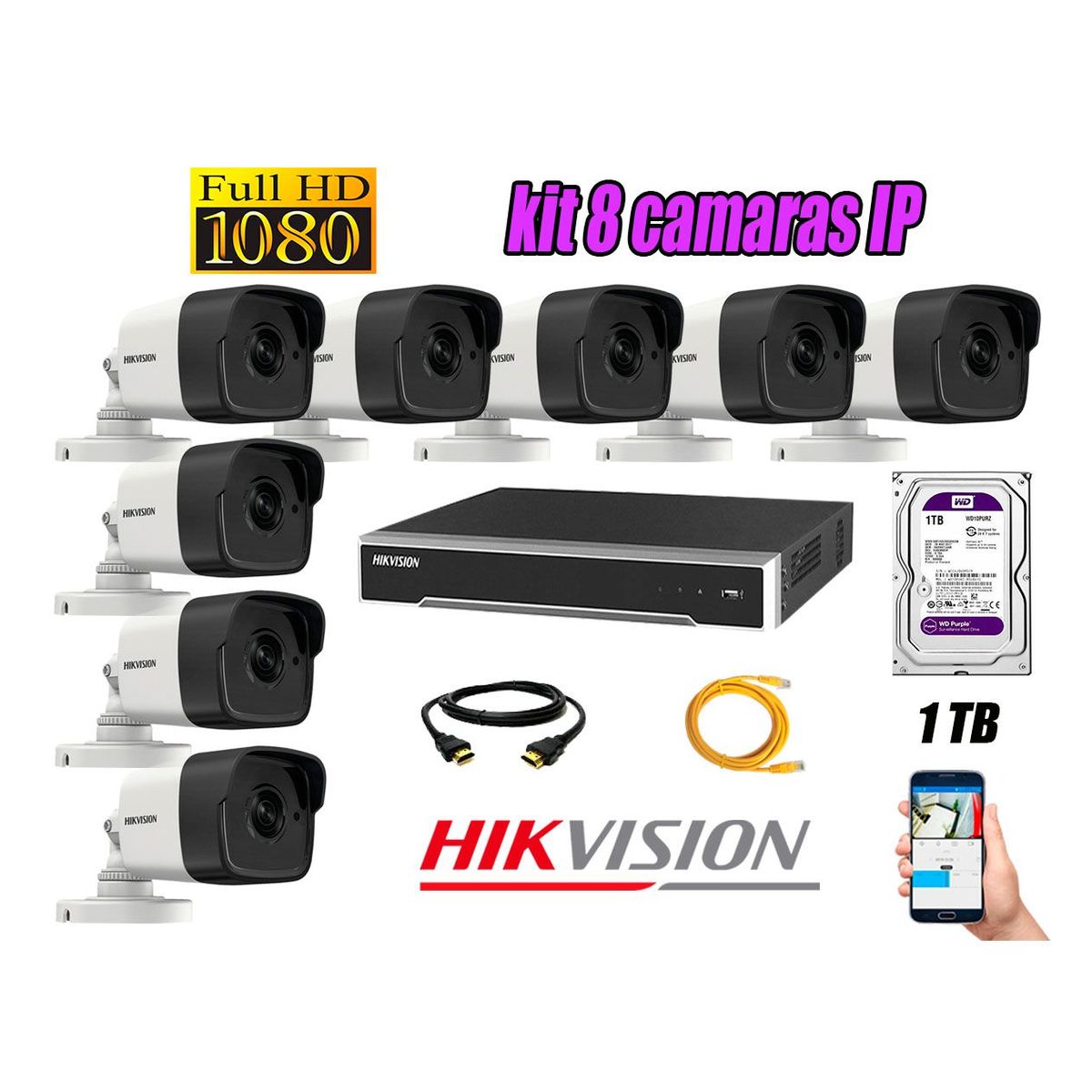 HIKVISION - Cámara de Seguridad Ip Poe Full HD 1080P Exterior Kit 8 Disco 1TB WD Purpura P2P