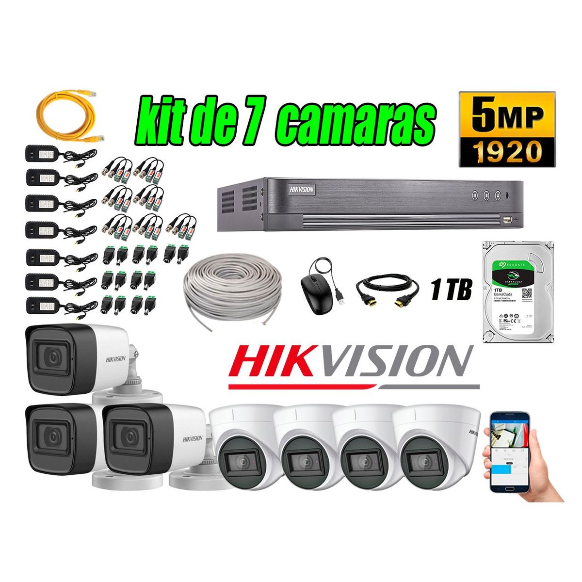 HIKVISION - Cámaras de Seguridad Kit 7 5MP + Disco 1TB CCTV Completo