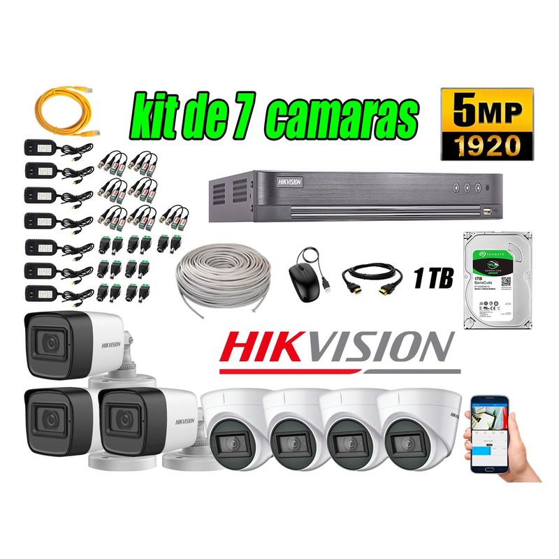 HIKVISION - Cámaras de Seguridad Kit 7 5MP + Disco 1TB CCTV Completo