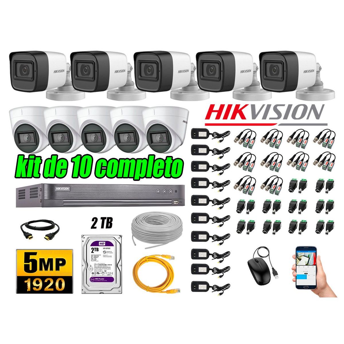 HIKVISION - Cámaras de Seguridad Kit 10 5MP + Disco 2TB CCTV Completo