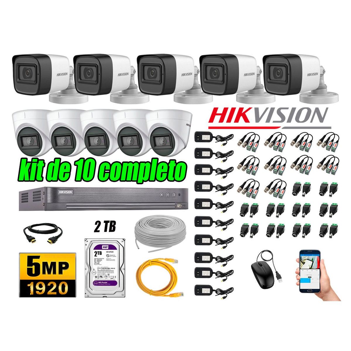 HIKVISION - Cámaras de Seguridad Kit 10 5MP + Disco 2TB CCTV Completo