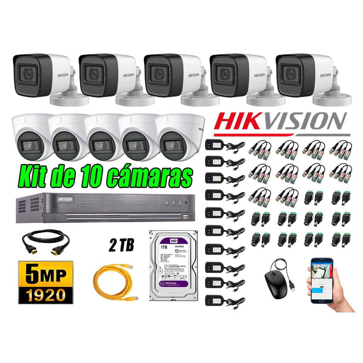HIKVISION - Cámaras de Seguridad Kit 10 5MP + Disco 2TB CCTV