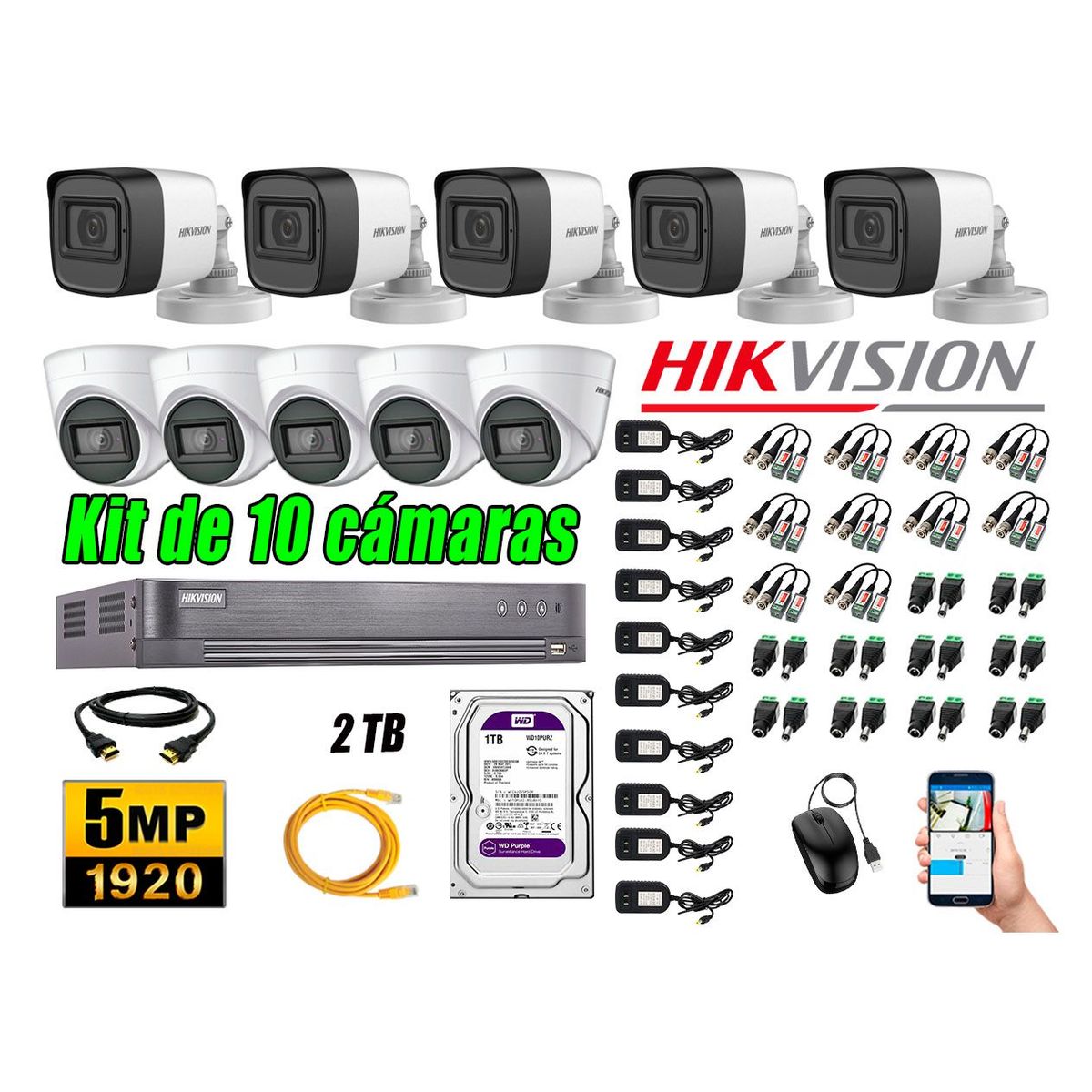 HIKVISION - Cámaras de Seguridad Kit 10 5MP + Disco 2TB CCTV