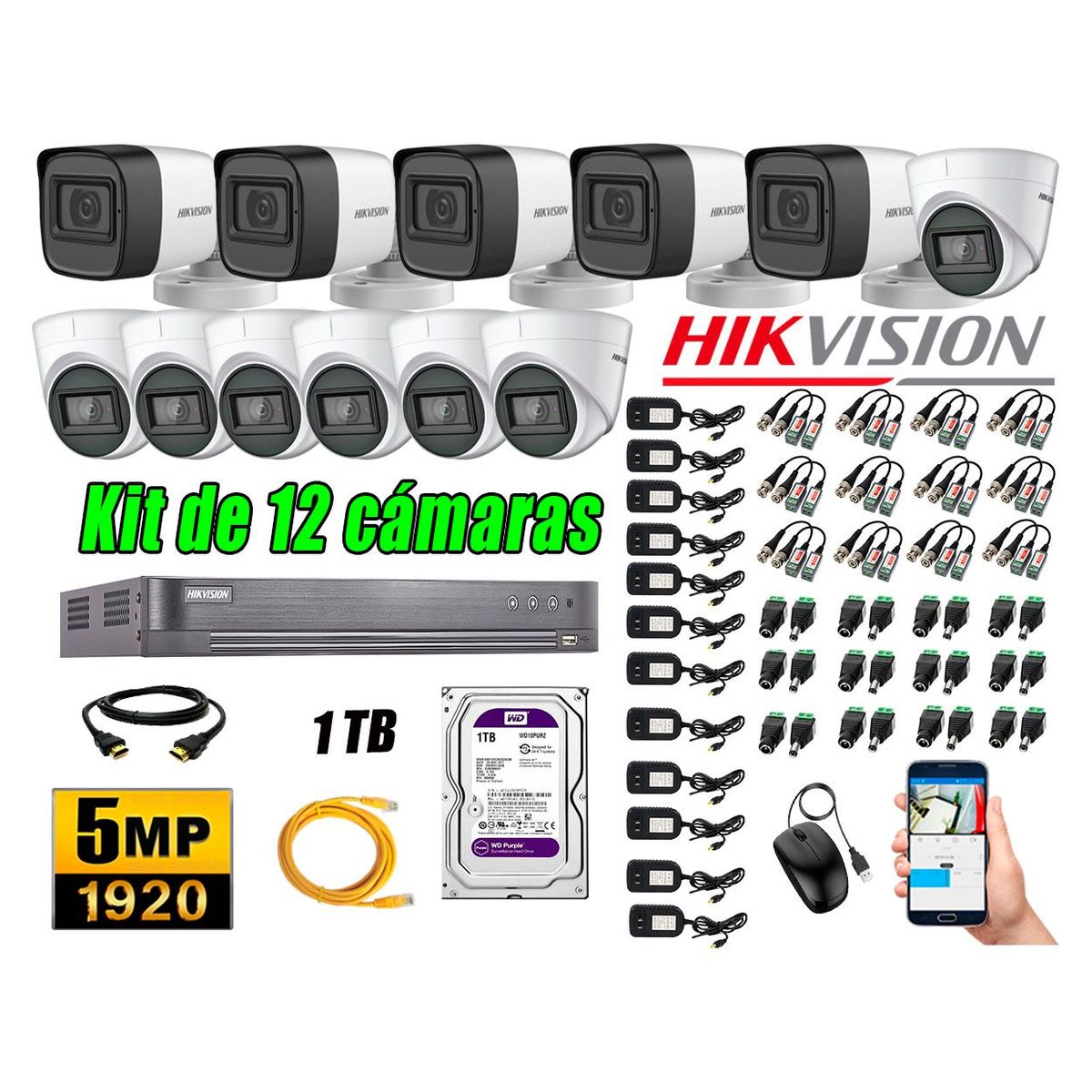 HIKVISION - Cámaras de Seguridad Kit 12 5MP + Disco 1TB CCTV