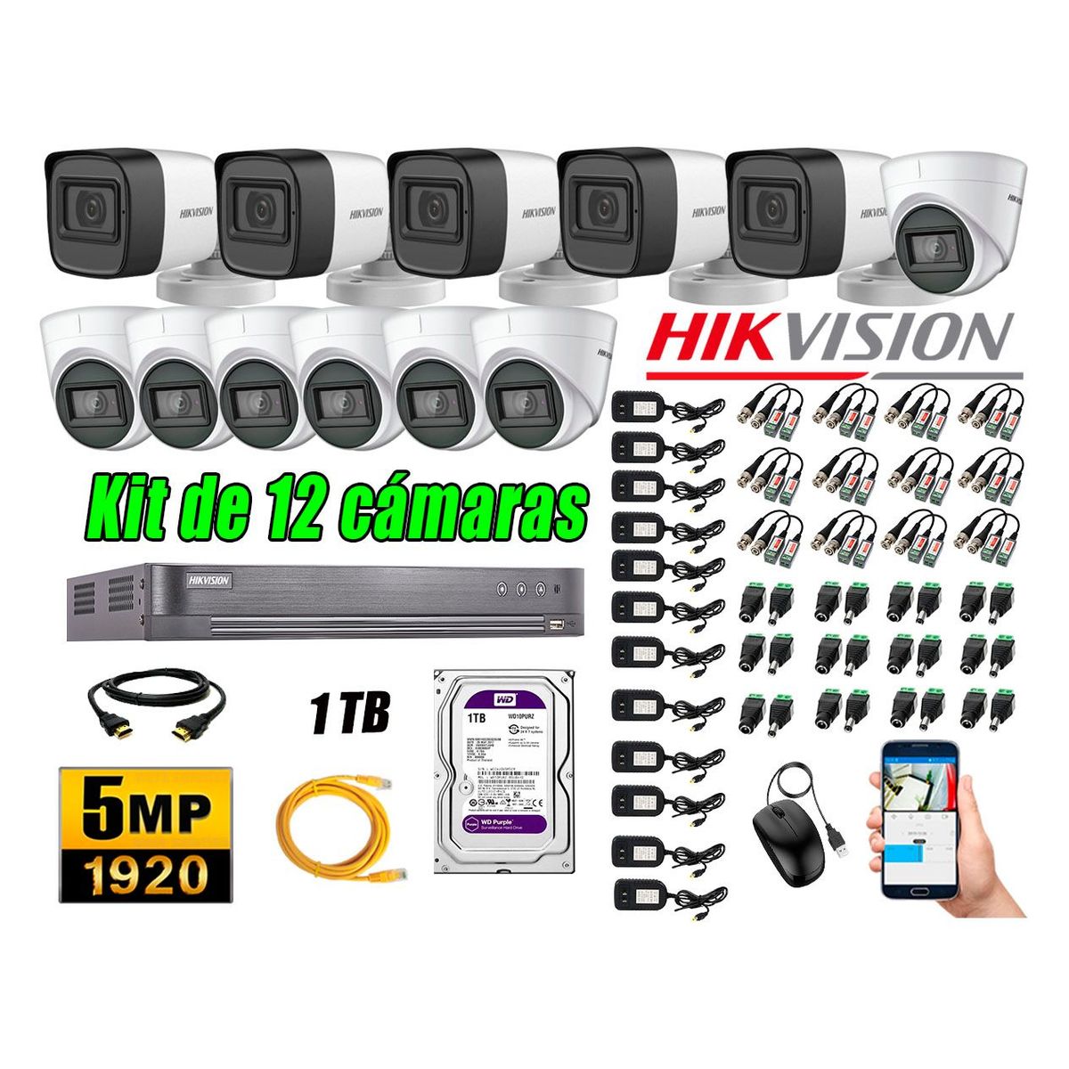 HIKVISION - Cámaras de Seguridad Kit 12 5MP + Disco 1TB CCTV