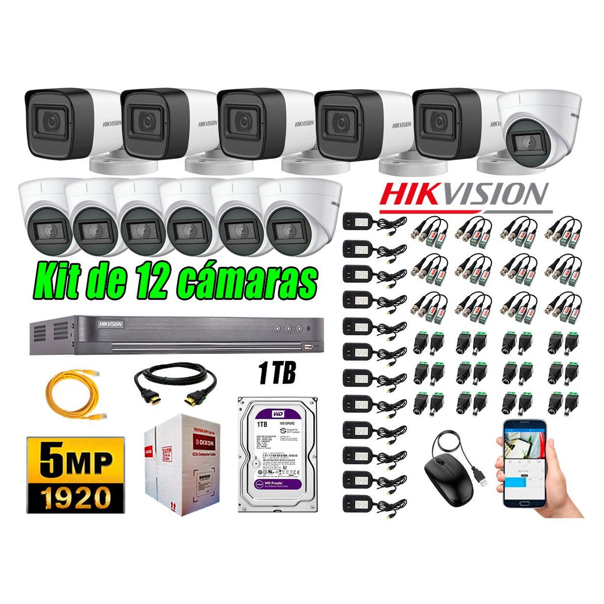 HIKVISION - Cámaras de Seguridad Kit 12 5MP + Disco 1TB CCTV Completo