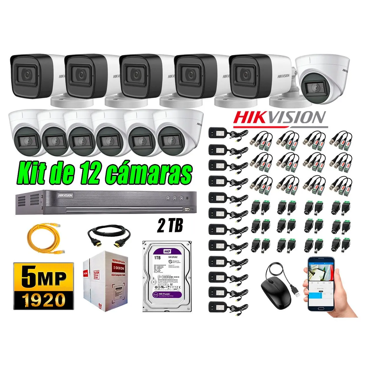 HIKVISION - Cámaras de Seguridad Kit 12 5MP + Disco 2TB CCTV Completo
