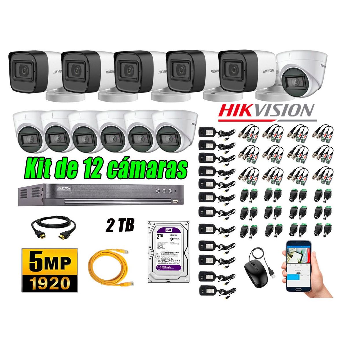 HIKVISION - Cámaras de Seguridad Kit 12 5MP + Disco 2TB CCTV