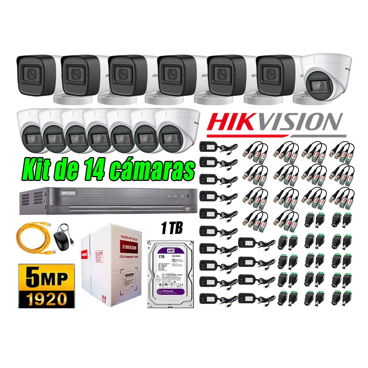 HIKVISION - Cámaras de Seguridad Kit 14 5MP + Disco 1TB CCTV Completo