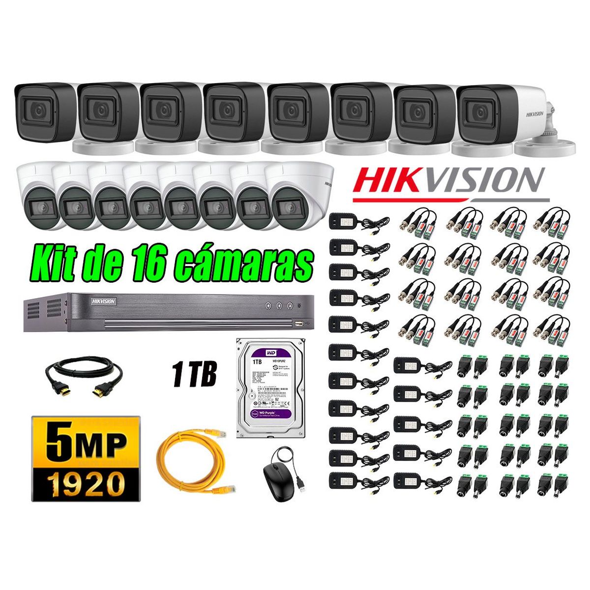 HIKVISION - Cámaras de Seguridad Kit 16 5MP + Disco 1TB CCTV