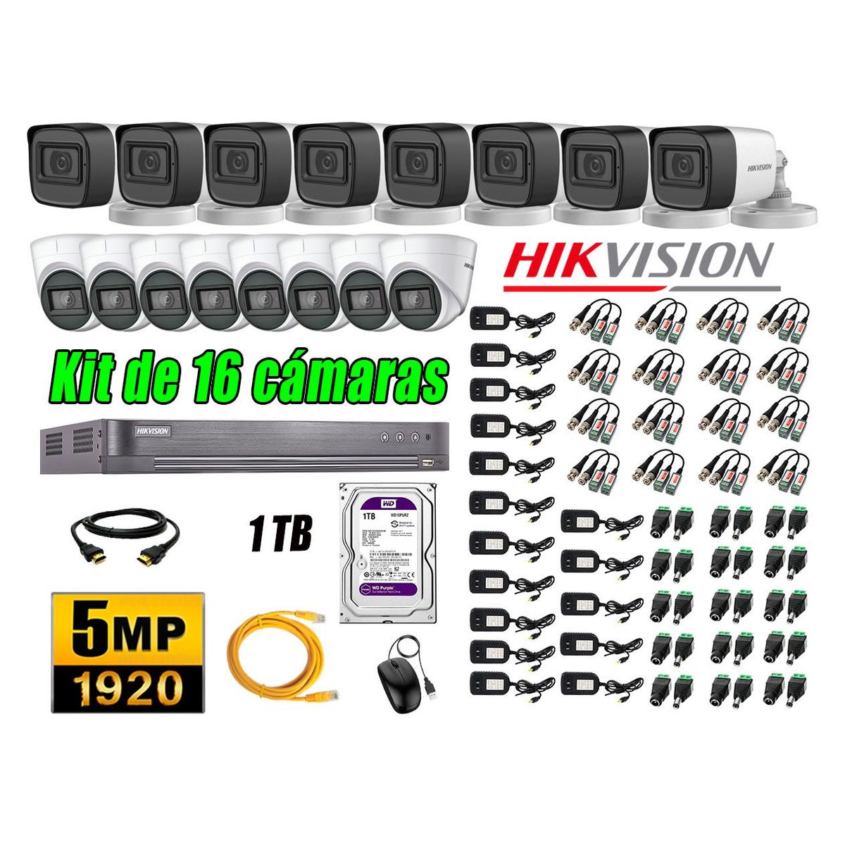 HIKVISION - Cámaras de Seguridad Kit 16 5MP + Disco 1TB CCTV