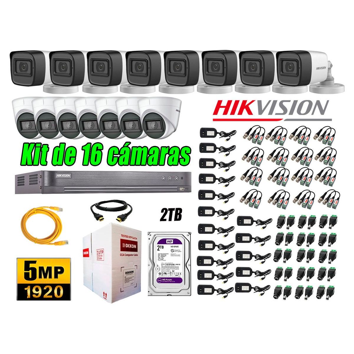 HIKVISION - Cámaras de Seguridad Kit 16 5MP + Disco 2TB CCTV Completo