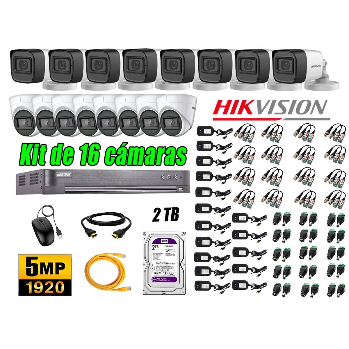 HIKVISION - Cámaras de Seguridad Kit 16 5MP + Disco 2TB CCTV
