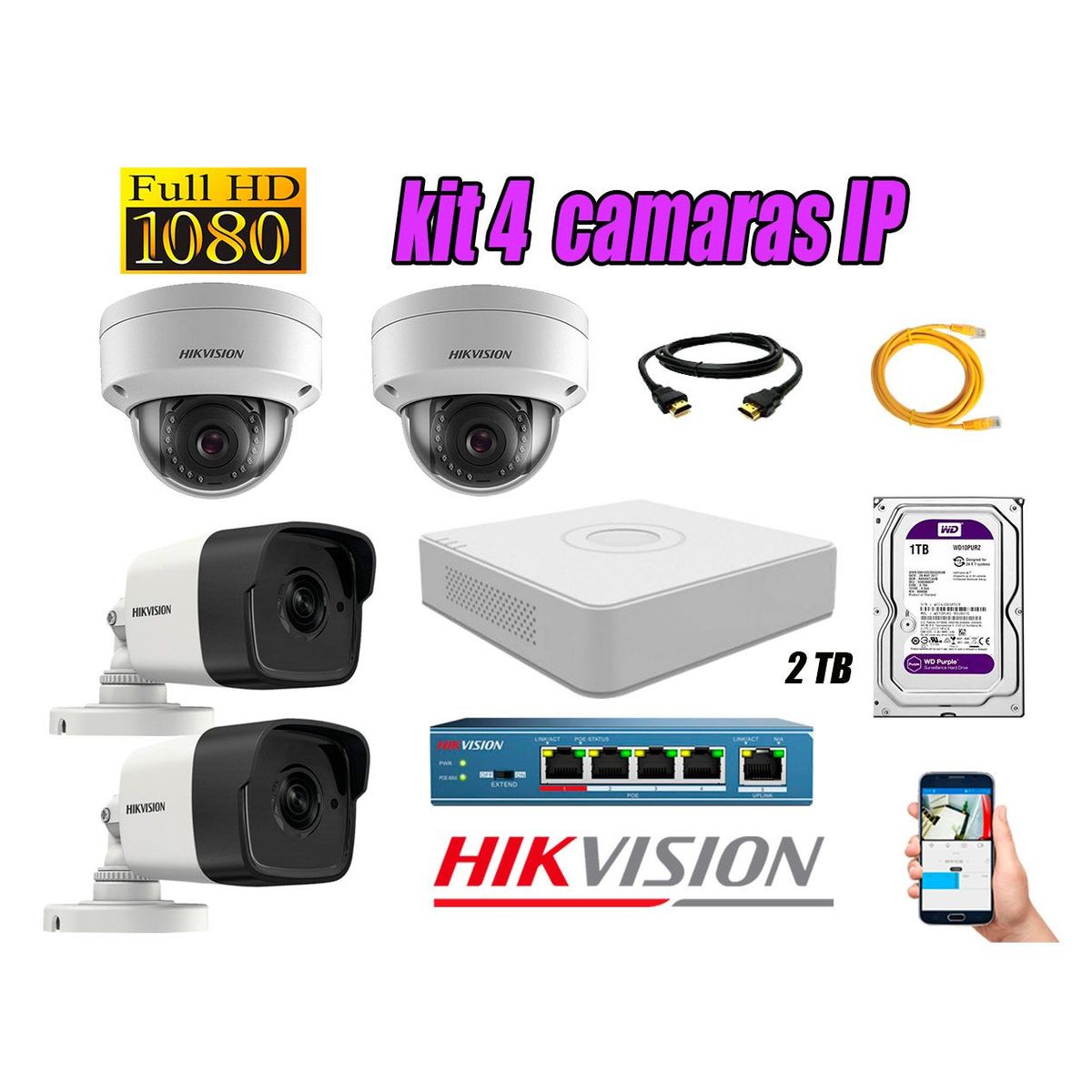 HIKVISION - Camara de Seguridad Ip Full HD 1080P Kit 4 Disco 2TB WD Purpura