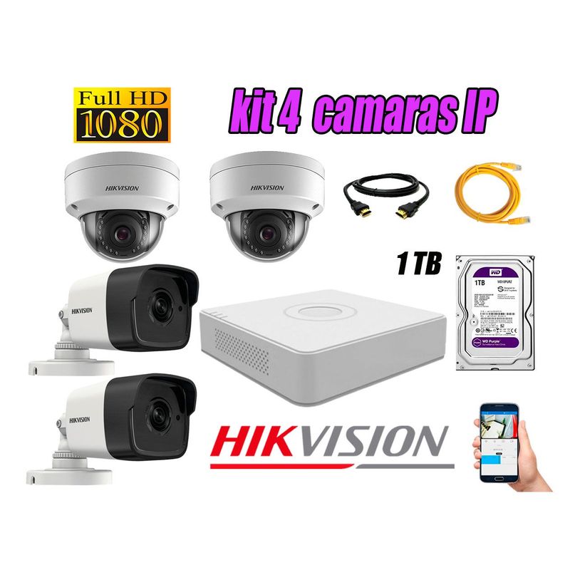 HIKVISION - Camara de Seguridad Ip Poe Full HD 1080P Kit 4 Disco 1TB WD Purpura P2P