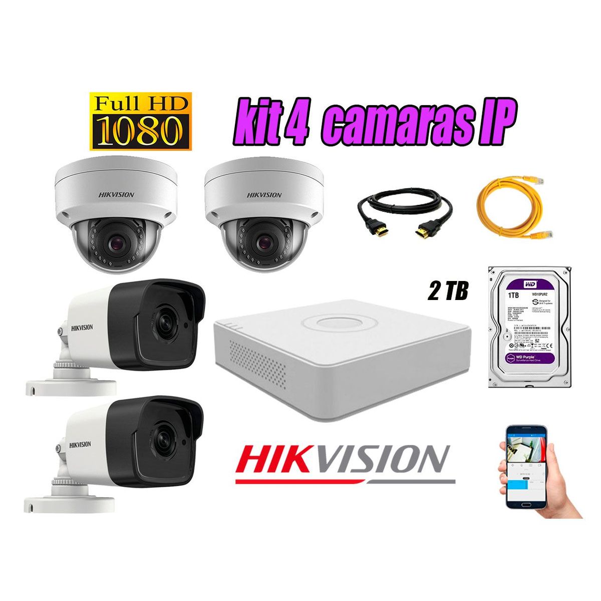 HIKVISION - Camara de Seguridad Ip Poe Full HD 1080P Kit 4 Disco 2TB WD Purpura