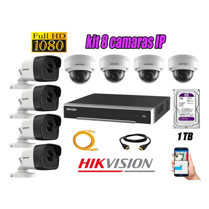 HIKVISION - Camara de Seguridad Ip Poe Full HD 1080P Kit 8 Disco 1TB WD Purpura P2P