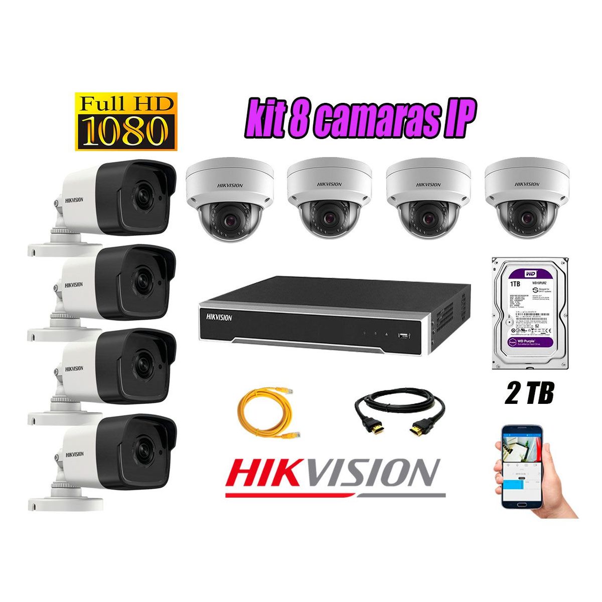 HIKVISION - Camara de Seguridad Ip Poe Full HD 1080P Kit 8 Disco 2TB WD Purpura