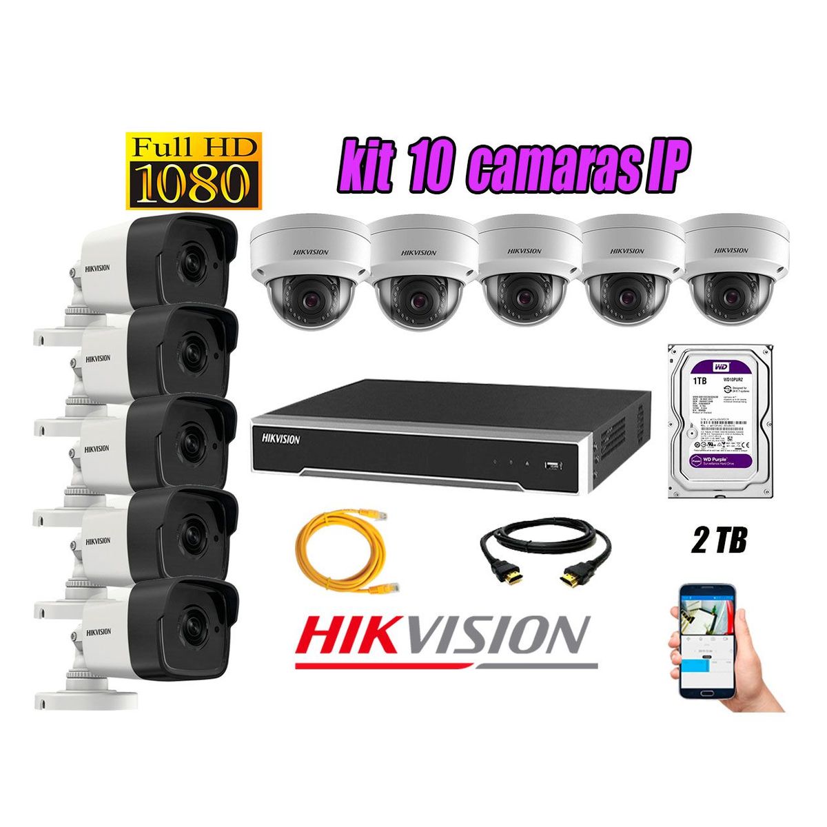 Camara de Seguridad Ip Poe Full HD 1080P Kit 10 Disco 2TB WD Purpura, marca HIKVISION - Foto Principal