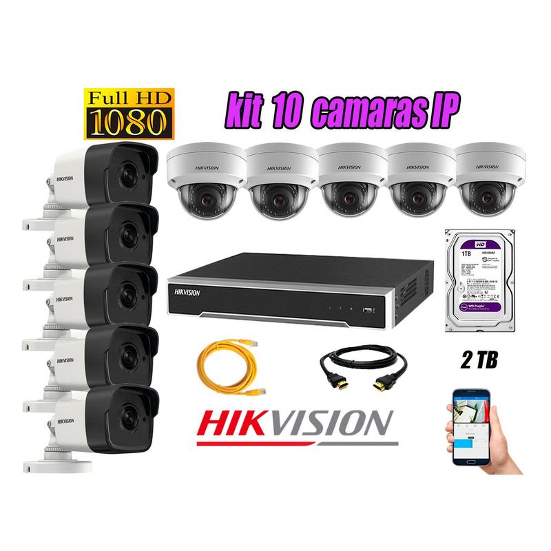 HIKVISION - Camara de Seguridad Ip Poe Full HD 1080P Kit 10 Disco 2TB WD Purpura