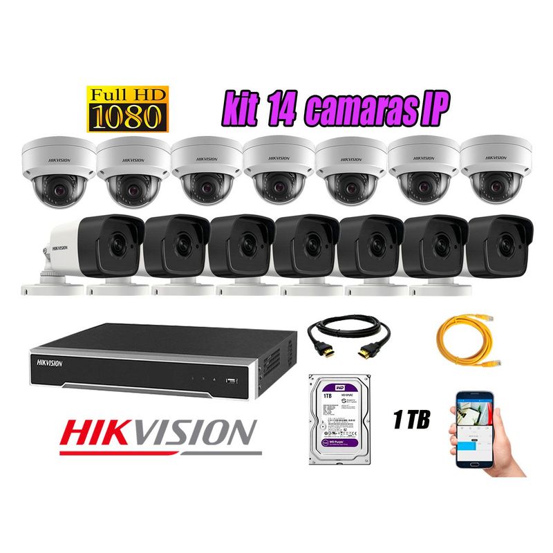 HIKVISION - Camara de Seguridad Ip Poe Full HD 1080P Kit 14 Disco 1TB WD Purpura P2P
