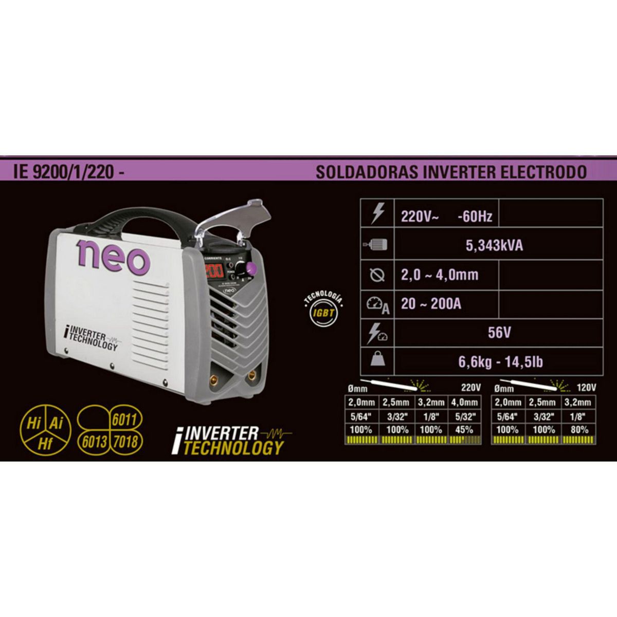 NEO - Soldadora Inverter MMA 200A IE9200/1/220