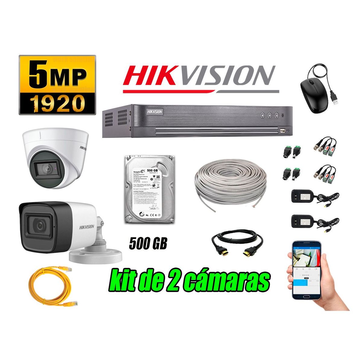 HIKVISION - Cámaras de Seguridad Kit 2 5MP + Disco 500GB CCTV Completo