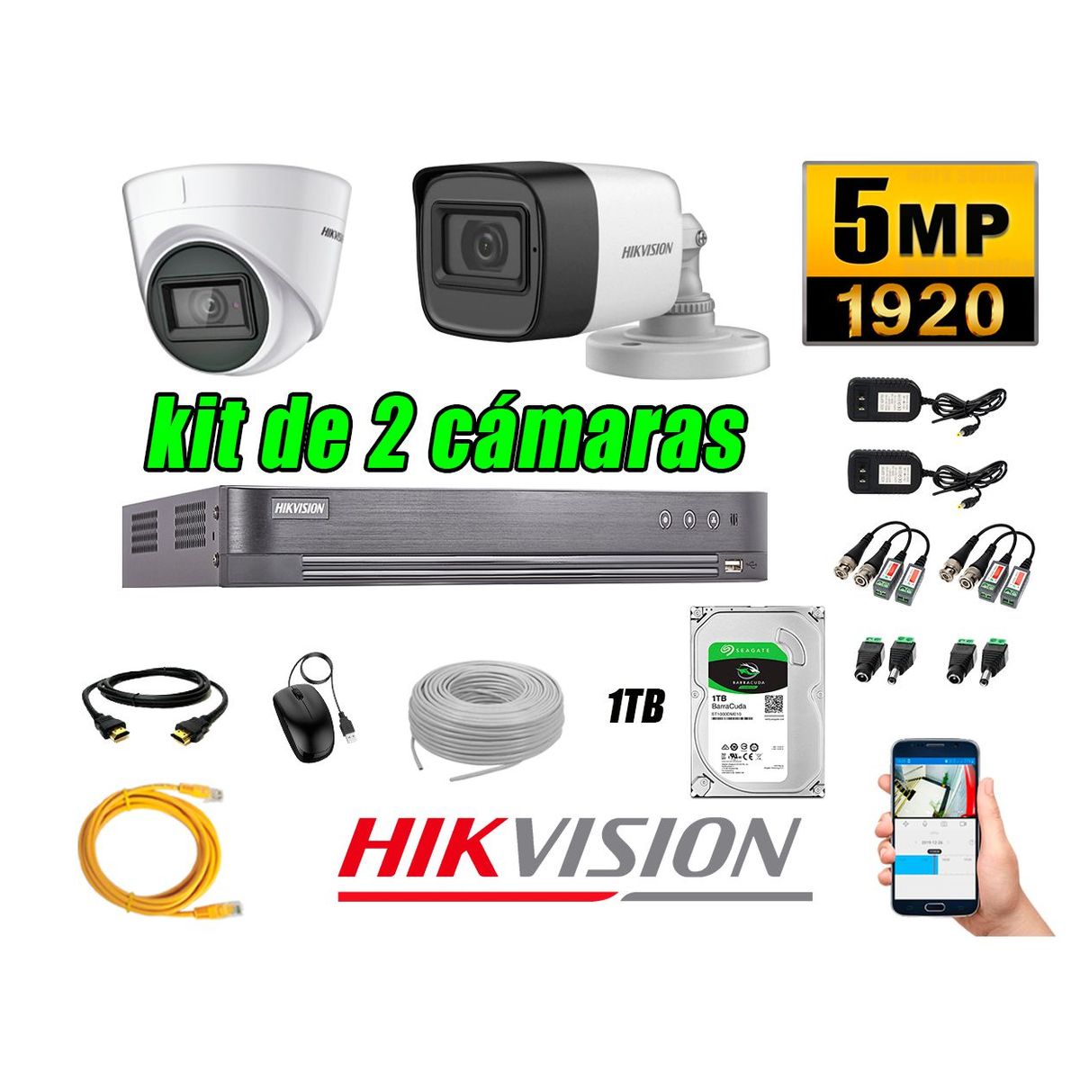 HIKVISION - Cámaras de Seguridad Kit 2 5MP + Disco 1TB CCTV Completo