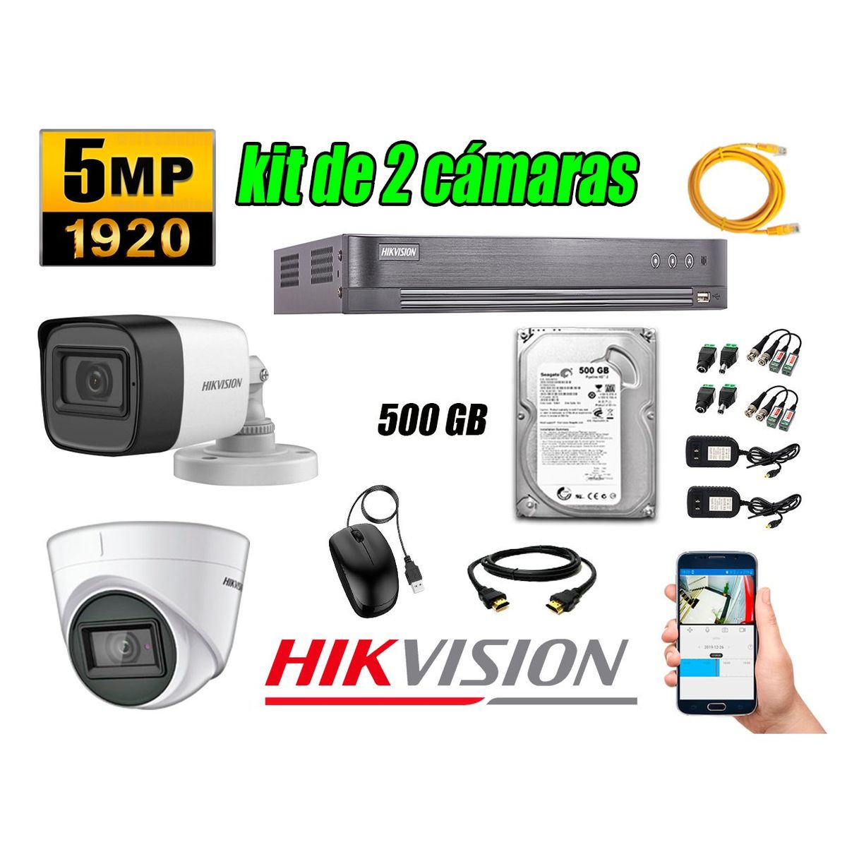 HIKVISION - Cámaras de Seguridad Kit 2 5MP + Disco 500GB CCTV