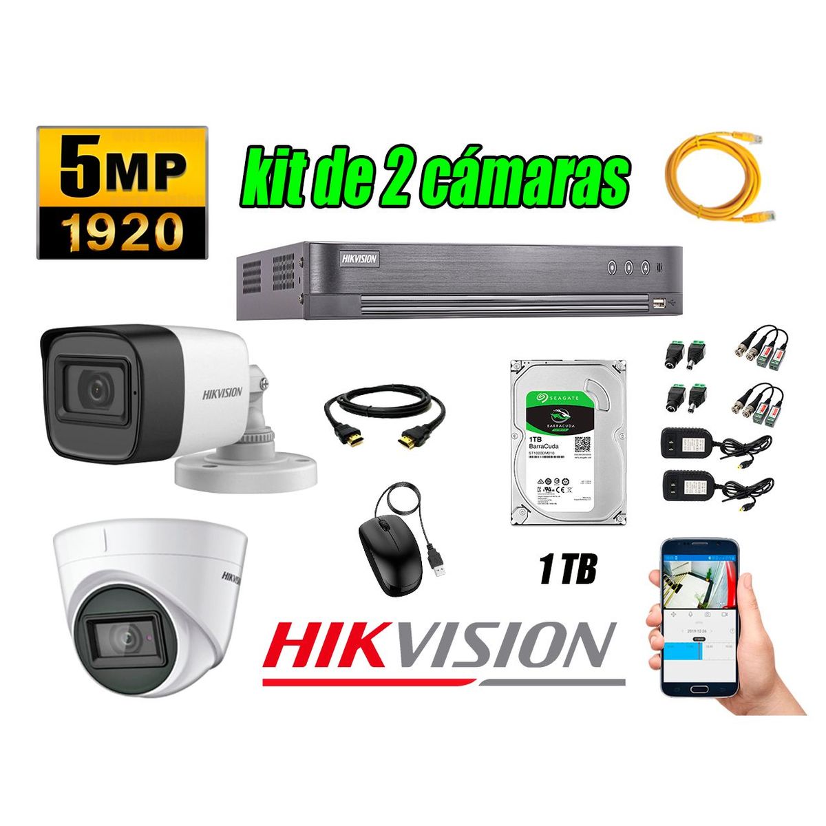 HIKVISION - Cámaras de Seguridad Kit 2 5MP + Disco 1TB CCTV P2P