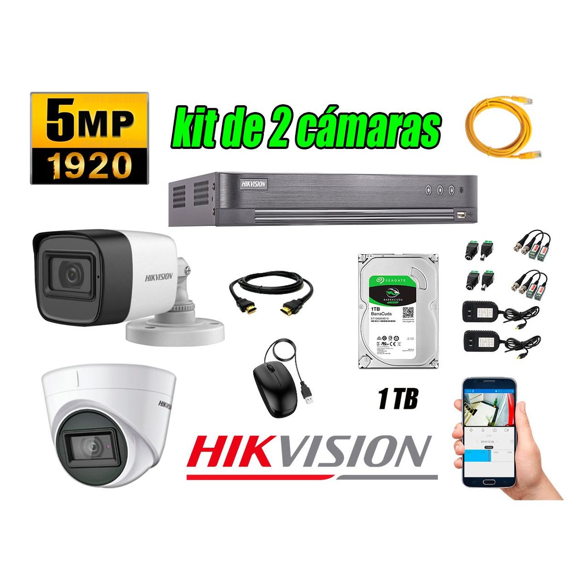 HIKVISION - Cámaras de Seguridad Kit 2 5MP + Disco 1TB CCTV P2P