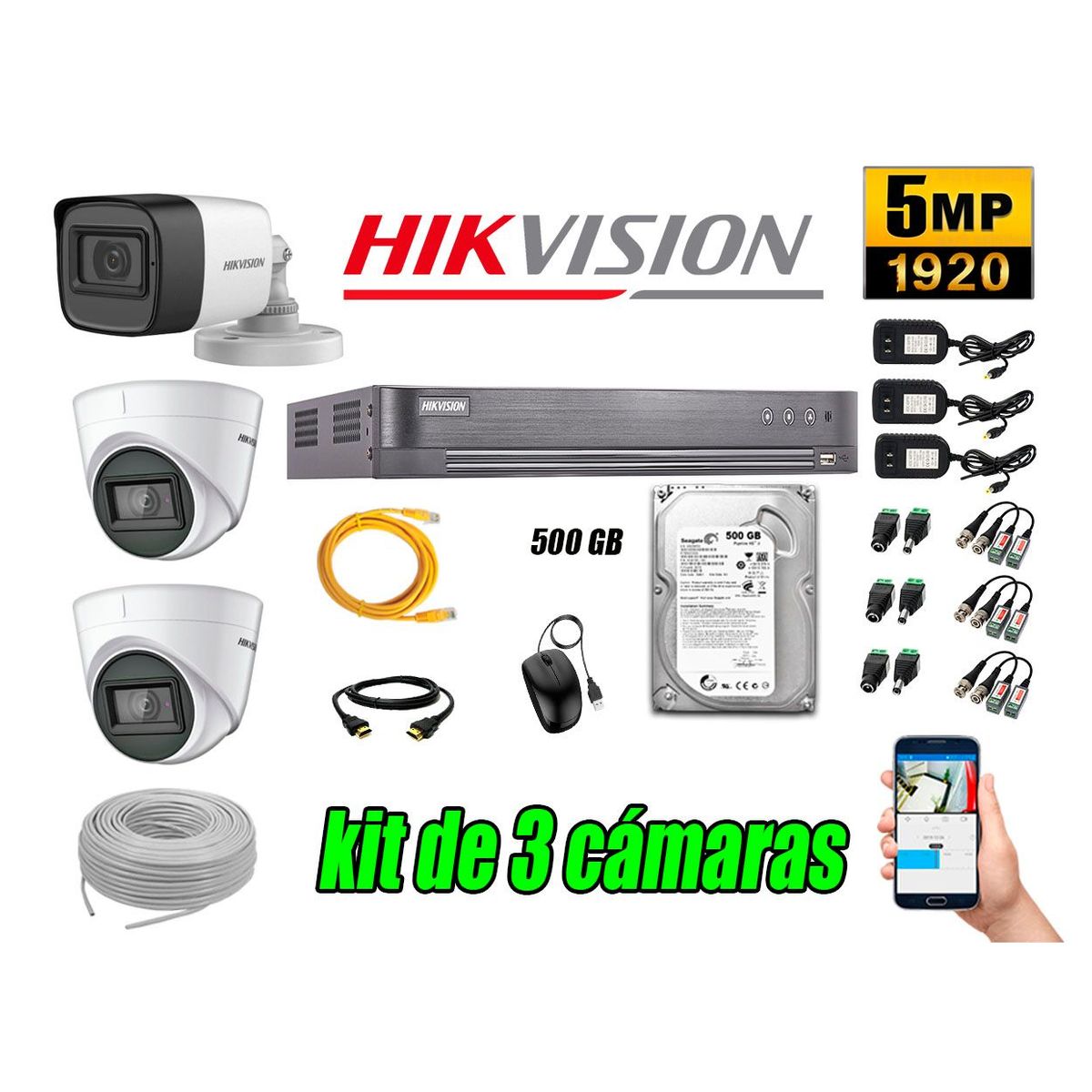 HIKVISION - Cámaras de Seguridad Kit 3 5MP + Disco 500GB CCTV Completo