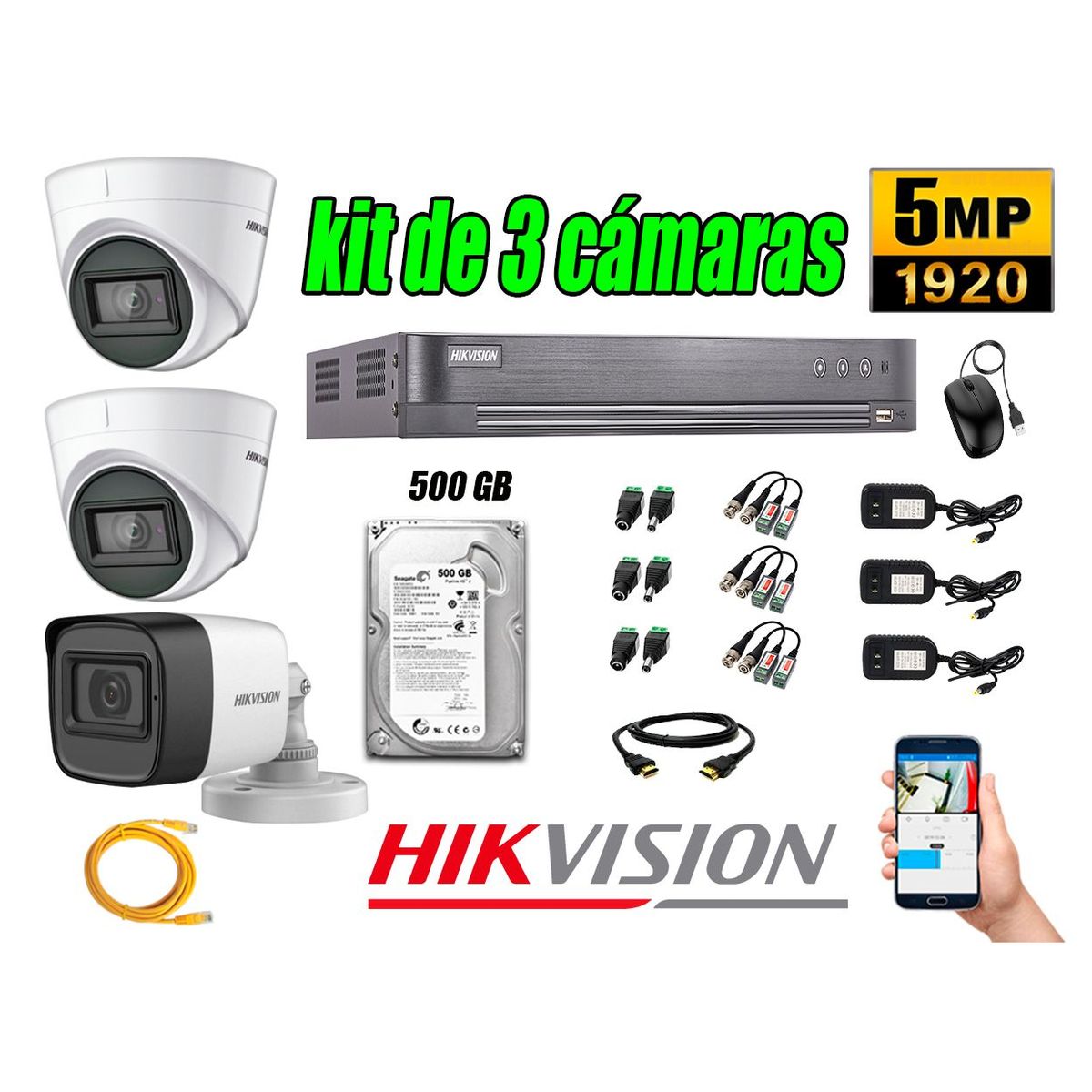 HIKVISION - Cámaras de Seguridad Kit 3 5MP + Disco 500GB CCTV