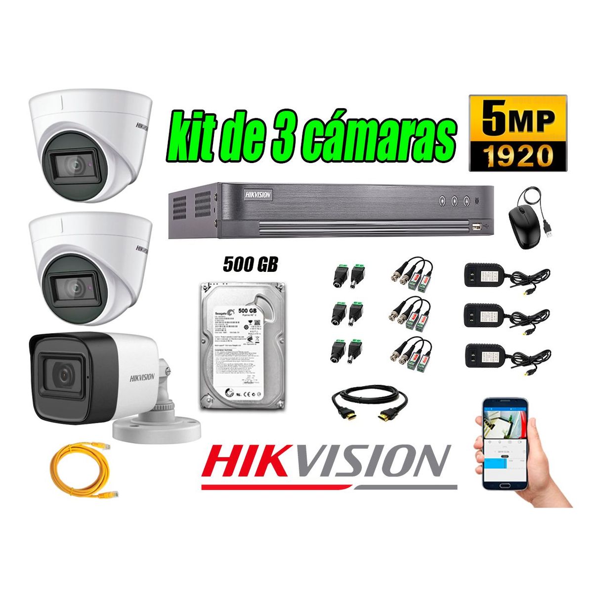 HIKVISION - Cámaras de Seguridad Kit 3 5MP + Disco 500GB CCTV