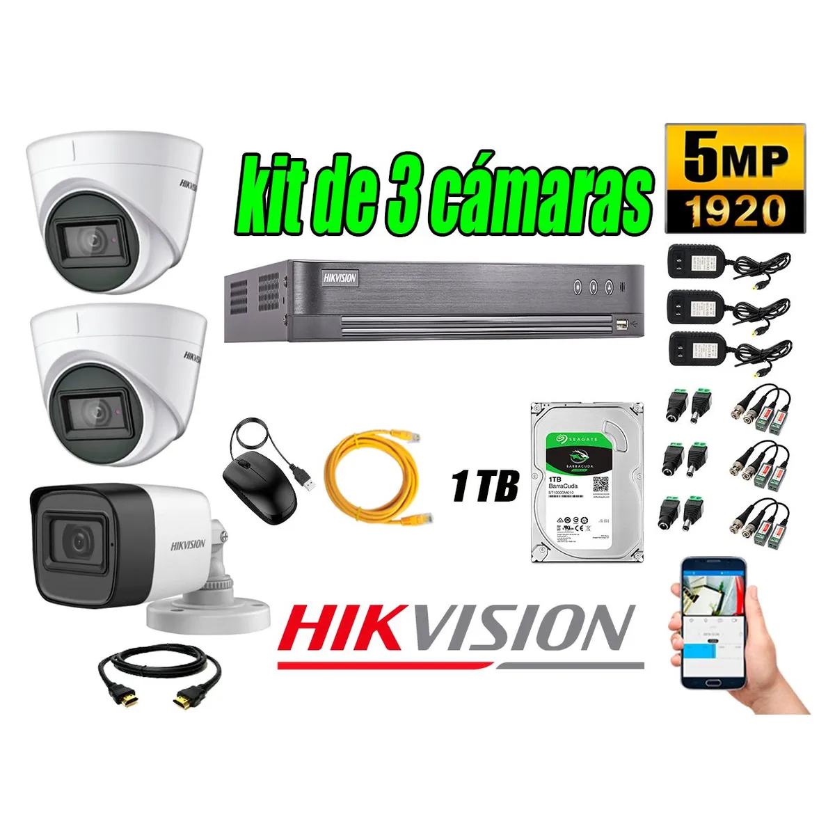 HIKVISION - Cámaras de Seguridad Kit 3 5MP + Disco 1TB CCTV P2P