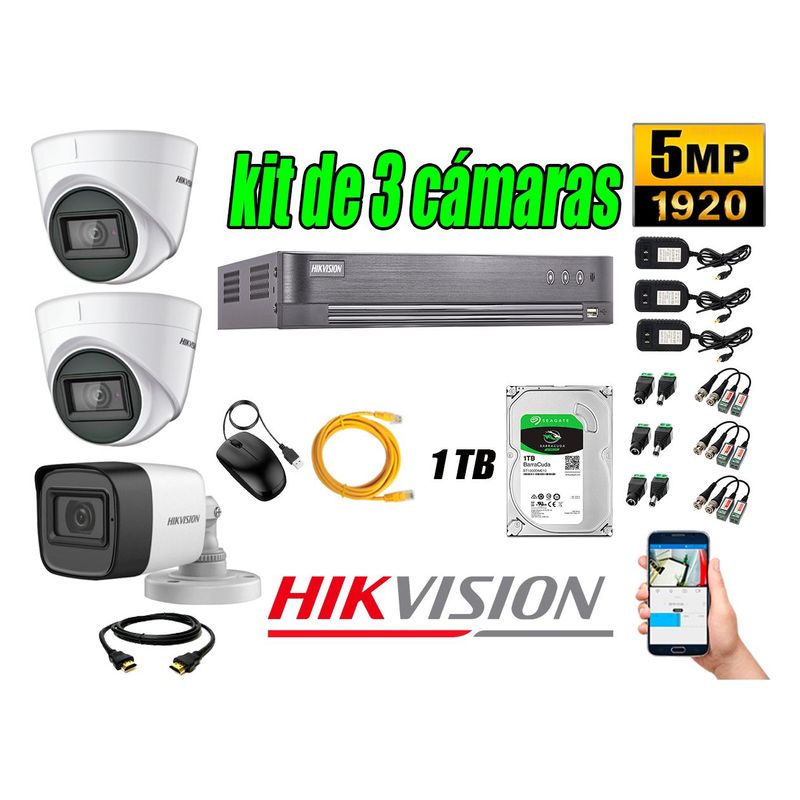 HIKVISION - Cámaras de Seguridad Kit 3 5MP + Disco 1TB CCTV P2P
