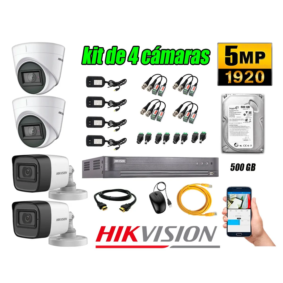 HIKVISION - Cámaras de Seguridad Kit 4 5MP + Disco 500GB CCTV