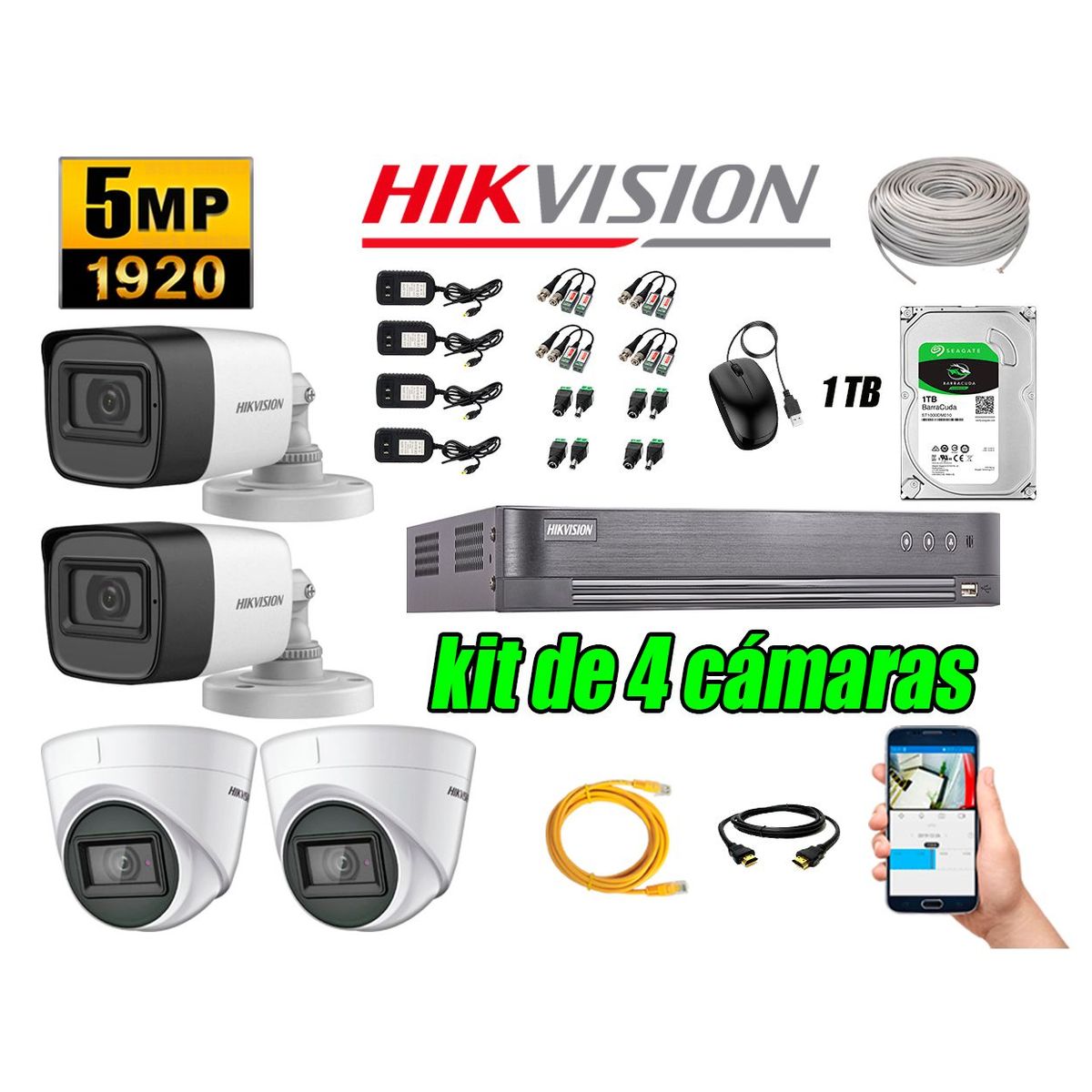 HIKVISION - Cámaras de Seguridad Kit 4 5MP + Disco 1TB CCTV Completo