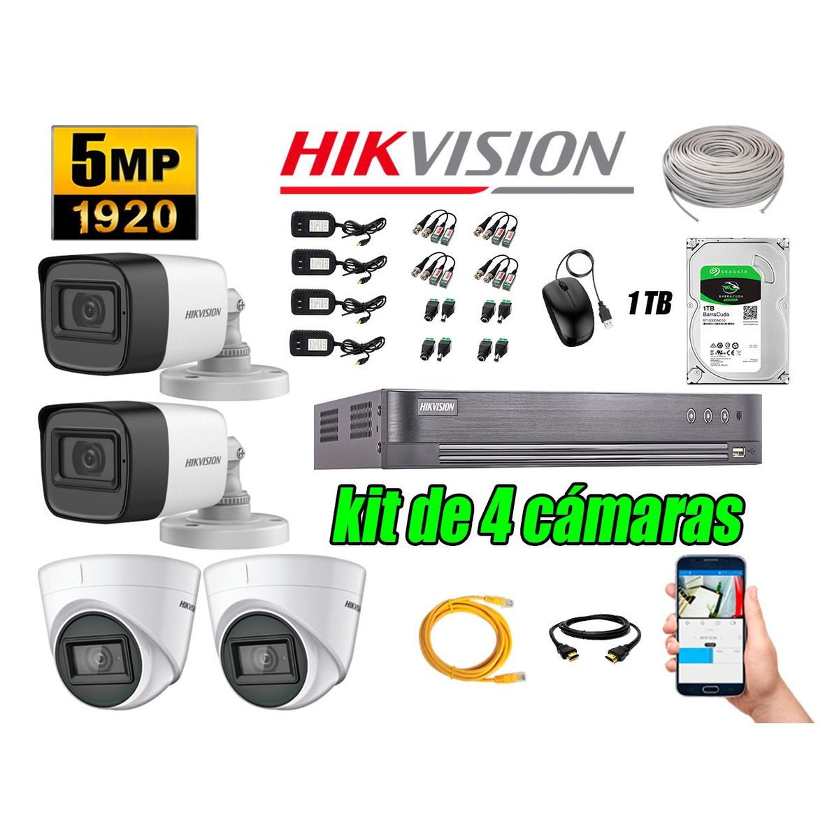 HIKVISION - Cámaras de Seguridad Kit 4 5MP + Disco 1TB CCTV Completo