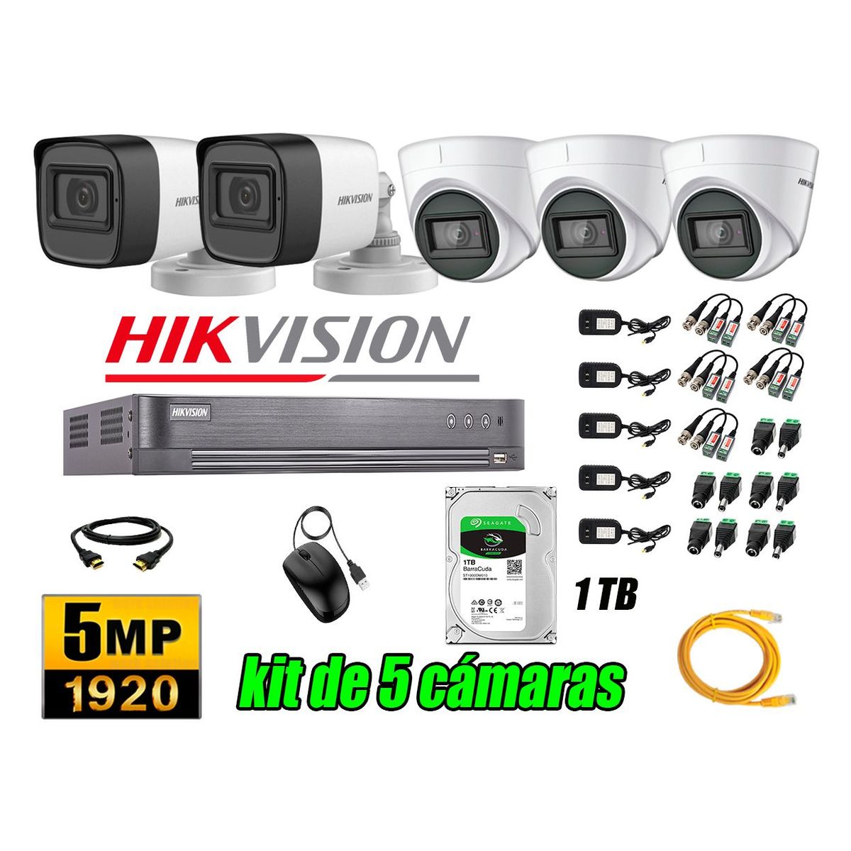 HIKVISION - Cámaras de Seguridad Kit 5 5MP + Disco 1TB CCTV P2P