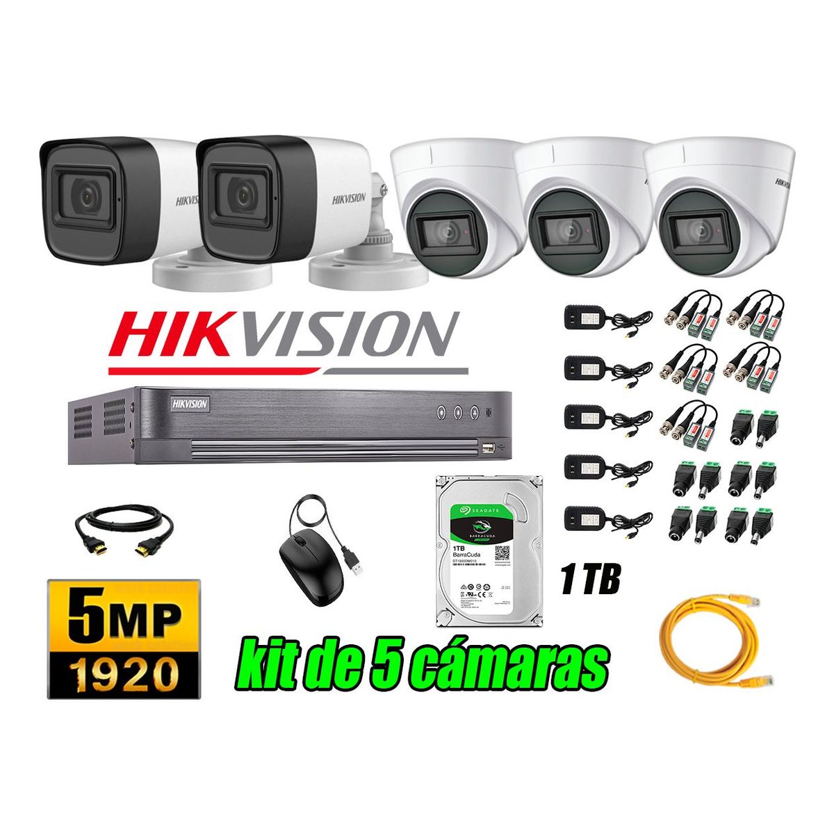 HIKVISION - Cámaras de Seguridad Kit 5 5MP + Disco 1TB CCTV P2P